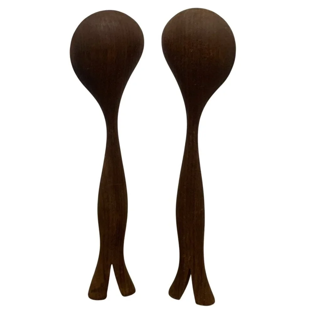 Artisan MCM Walnut Wood Salad Servers - Handcrafted Elegance Dances with Arugula